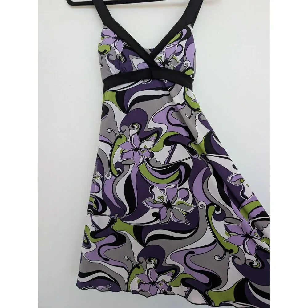 Y2K Abstract Floral Swirl Babydoll Sleeveless Jersey Stretch Dress Sz S